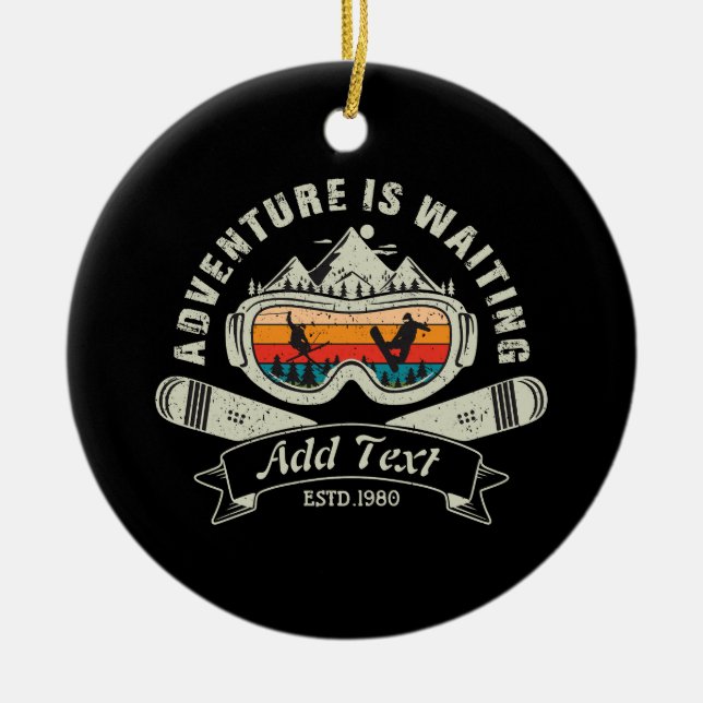 Retro Personalized Ski Adventure Ceramic Ornament (Front)