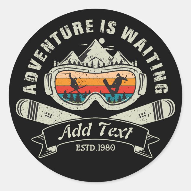 Retro Personalized Ski Adventure Classic Round Sticker (Front)