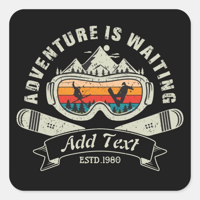 Retro Personalized Ski Adventure Square Sticker (Front)