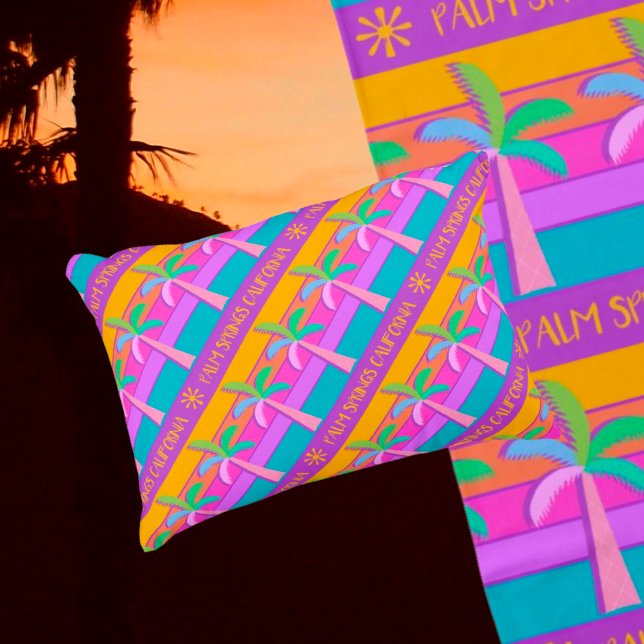 Retro Personalized Sunset Tropical Palms Accent Pillow (Perfect accent pillow with the pool towel on the chaise lounge)