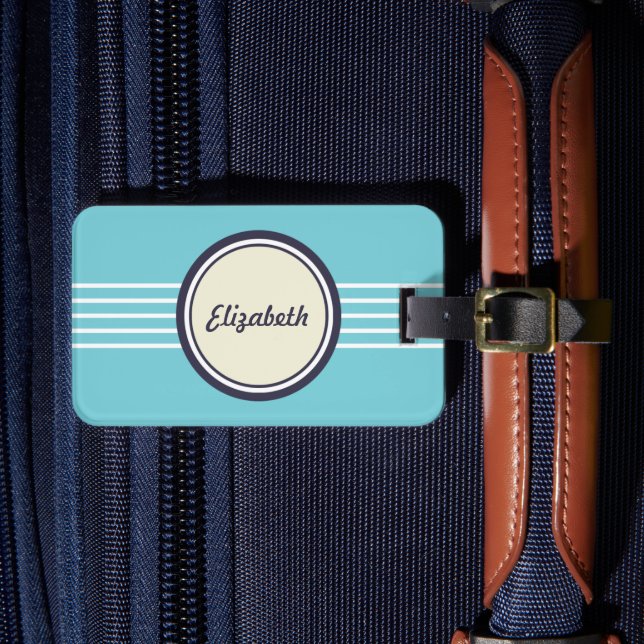Retro Personalized Teal and Blue Luggage Tag (Front Insitu 4)
