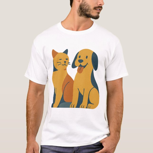 Retro Pet Pals – Mid-Century Cat & Dog Art T-Shirt (Front)