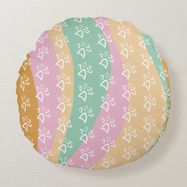 Retro Pet Paw Print Marble Groovy  Round Pillow (Front)