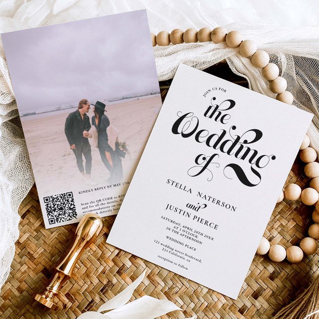 Retro photo black white script wedding Qr code Invitation (Creator Uploaded)