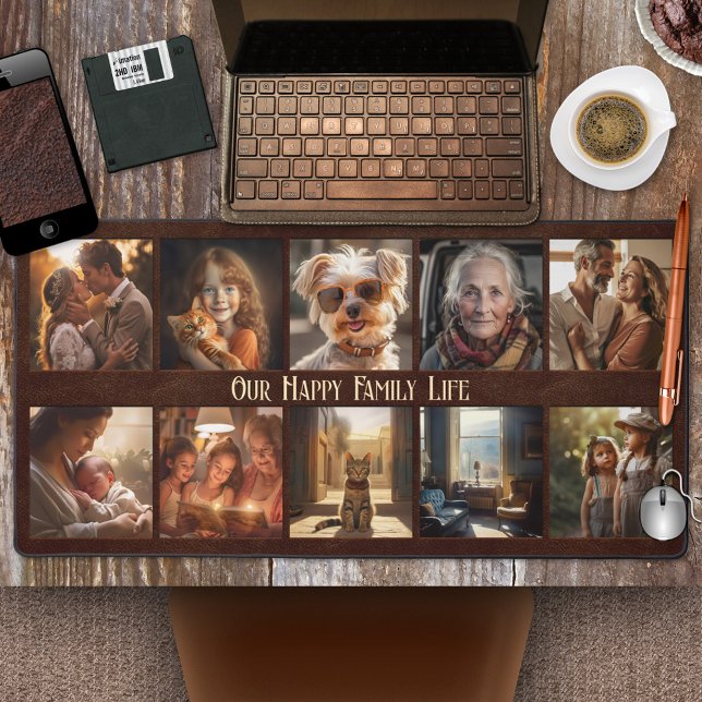 Retro Photo Collage Faux Cuir (Desk mat featuring 10 of your own photos framed by a brown retro faux leather design.)