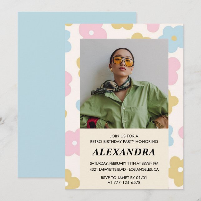 Retro Photo Floral Pattern 34th birthday Invitation (Front/Back)