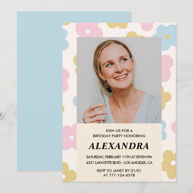 Retro Photo Floral Pattern 51st birthday Invitation (Front/Back)