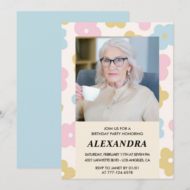 Retro Photo Floral Pattern 94th birthday Invitation (Front/Back)