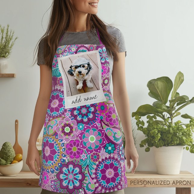 Retro Photo Frame with Funky Flowers - Pink Purple Apron (Personalized Apron)