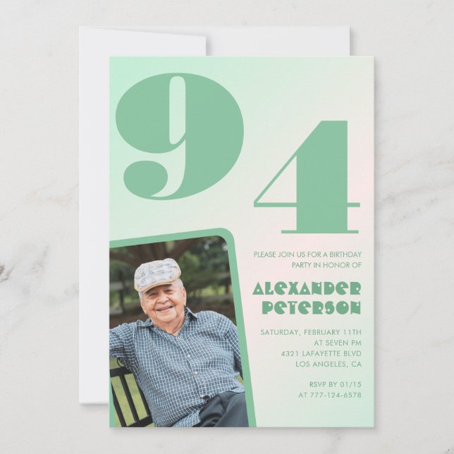 Retro Photo Green Gradient Man 94th birthday  Invitation (Front)