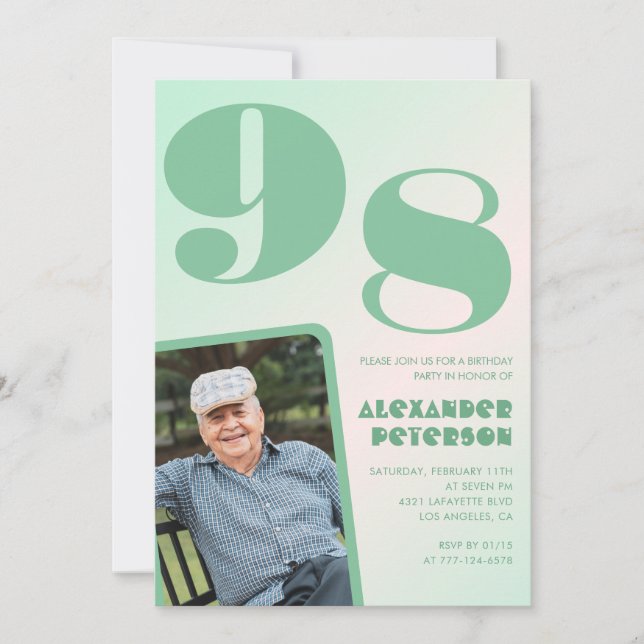 Retro Photo Green Gradient Man 98th birthday  Invitation (Front)