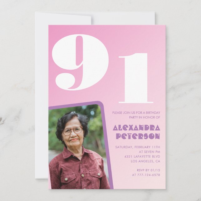 Retro Photo Pink 91st birthday Invitation (Front)