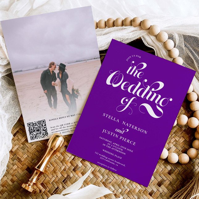 Retro photo purple script wedding Qr code Invitation (Creator Uploaded)