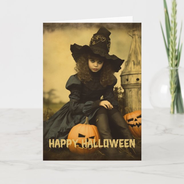 Retro Photography Halloween cute bad witch girl Holiday Card (Front)