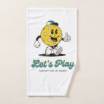 Retro Pickleball Cartoon Mascot Personalized Sweat Hand Towel<br><div class="desc">A fun towel featuring cartoon pickleball mascot playing pickleball and the words "Let's Play" in a fun retro font and your custom text. Add a player name, pickleball club name, funny saying, etc. Easily change the background colour too. Makes a perfect pickleball party favour, birthday or holiday gift or tournament...</div>