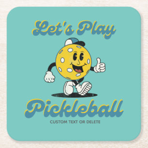 Retro Pickleball Cartoon Mascot Personalized Text Square Paper Coaster