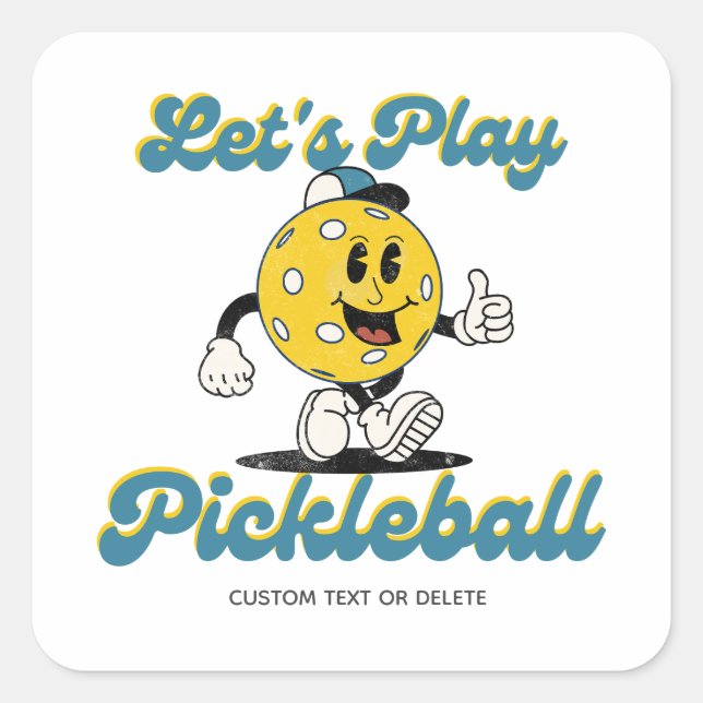 Retro Pickleball Cartoon Mascot Personalized Text Square Sticker (Front)