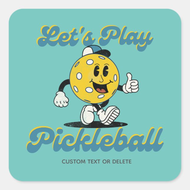 Retro Pickleball Cartoon Mascot Personalized Text Square Sticker (Front)
