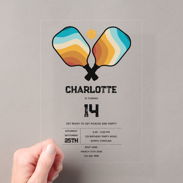 Retro Pickleball Paddles & Ball Birthday Party Acrylic Invitations (Insitu (Handheld))