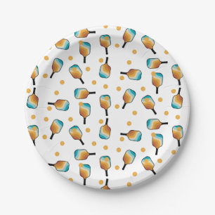 Retro Pickleball Paddles & Ball Pattern Paper Plate