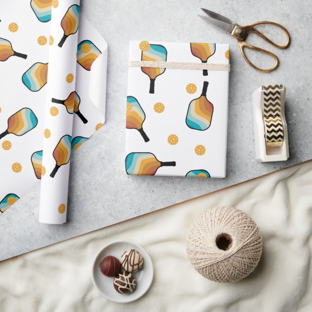 Retro Pickleball Paddles & Ball Pattern Wrapping Paper (Crafts)