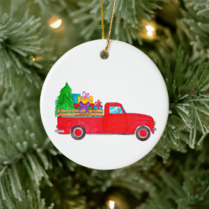 Retro Pickup Truck with Christmas Gifts Ceramic Ornament