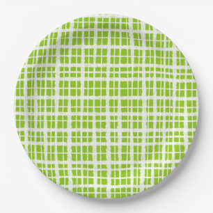 Retro Picnic Plaid Pattern in Lime Green and White Paper Plate