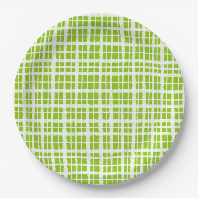 Retro Picnic Plaid Pattern in Lime Green and White Paper Plate (Front)