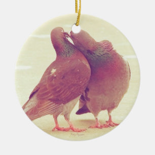 Retro Pigeon Love Birds Kissing Couple Photo Ceramic Ornament