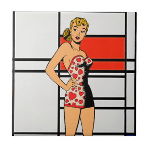 Retro Pin-Up Girl Meets Mondrian – Unique Artistic Tile