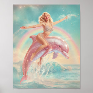 Retro Pin-Up Girl Riding a Sparkling Pink Dolphin Poster