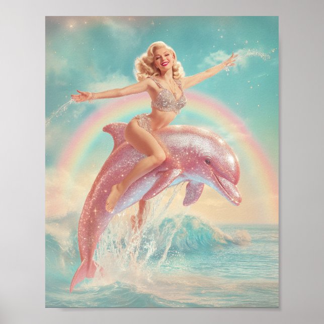 Retro Pin-Up Girl Riding a Sparkling Pink Dolphin  Poster (Front)