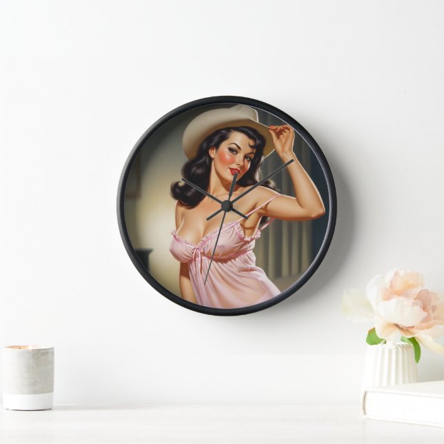Retro Pin-up Girl with Cowboy hat Clock (Home)