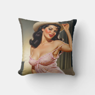 Retro Pin-up Girl with Cowboy hat Throw Pillow