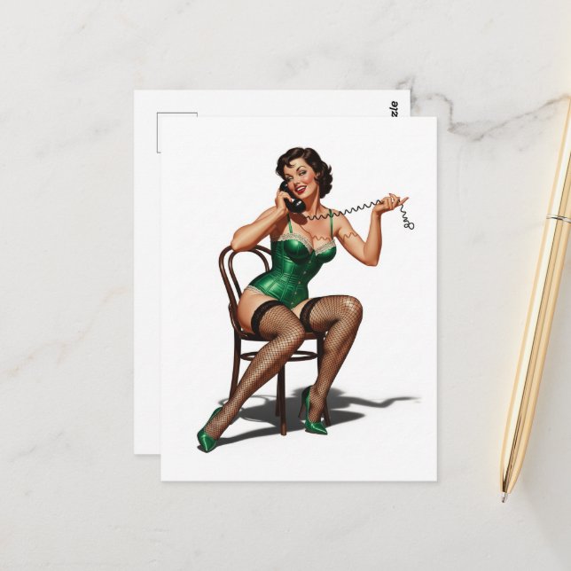 Retro Pin-up Girl with Green Shoes Postcard (Front/Back In Situ)