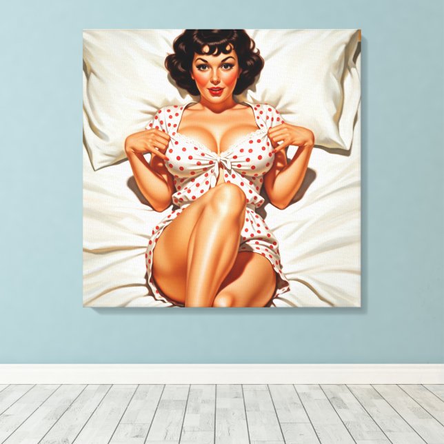 Retro Pin-up Girl with Red Polka Dot PJ's Canvas Print (Insitu(Wood Floor))