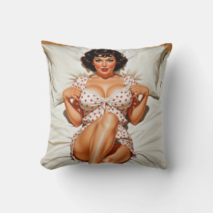 Retro Pin-up Girl with Red Polka Dot PJ's Throw Pillow