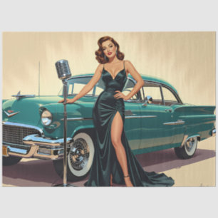Retro Pin-Up Singer with Teal Classic Car Vintage Tissue Paper