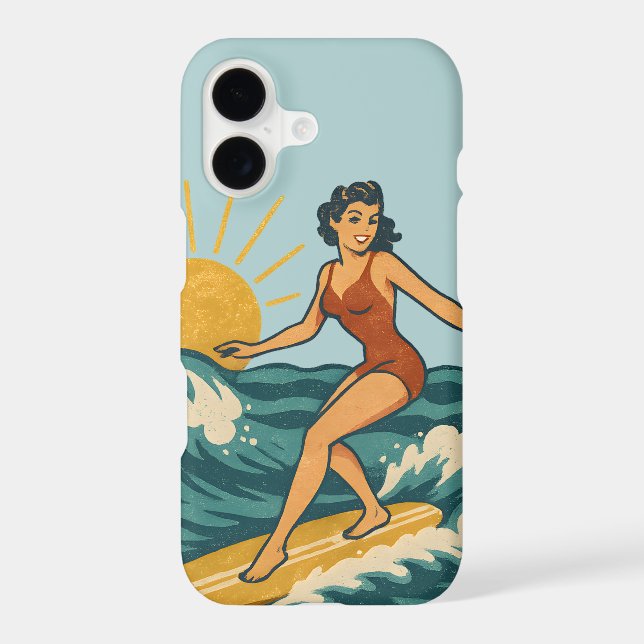 Retro Pin-Up Surfer Blue Coastal Surfing Art Phone (Verso)