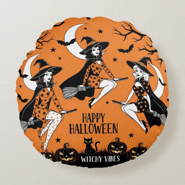 Retro Pin-Up Witches  Round Pillow (Front)