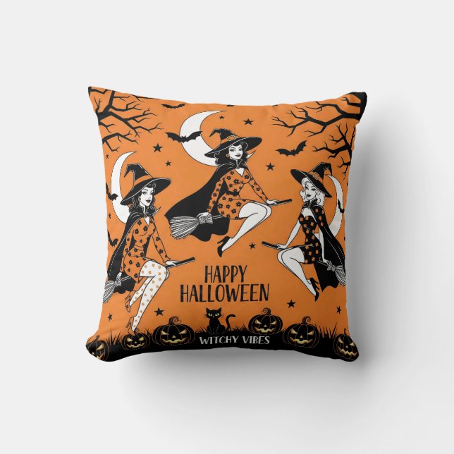 Retro Pin-Up Witches  Throw Pillow (Front)
