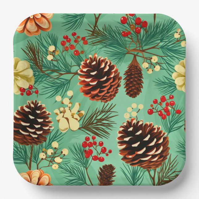 Retro Pine Cones Christmas Large Paper Plate (Front)