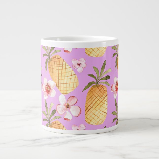 Retro pineapple tropical print on lilac background large coffee mug (Front)