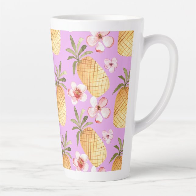 Retro pineapple tropical print on lilac background latte mug (Right)