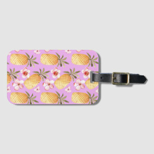 Retro pineapple tropical print on lilac background luggage tag