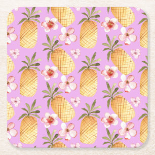 Retro pineapple tropical print on lilac background square paper coaster