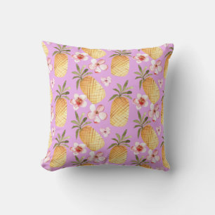 Retro pineapple tropical print on lilac background throw pillow