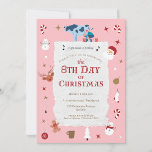 Retro Pink 8th Day Christmas Mid-Century Holiday Invitation