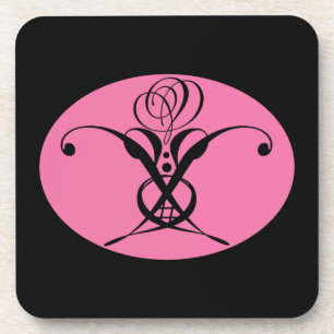 Retro Pink and Black Flourish Rose Coaster