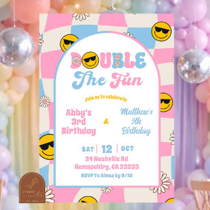 retro pink and blue checkered joint birthday  invitation